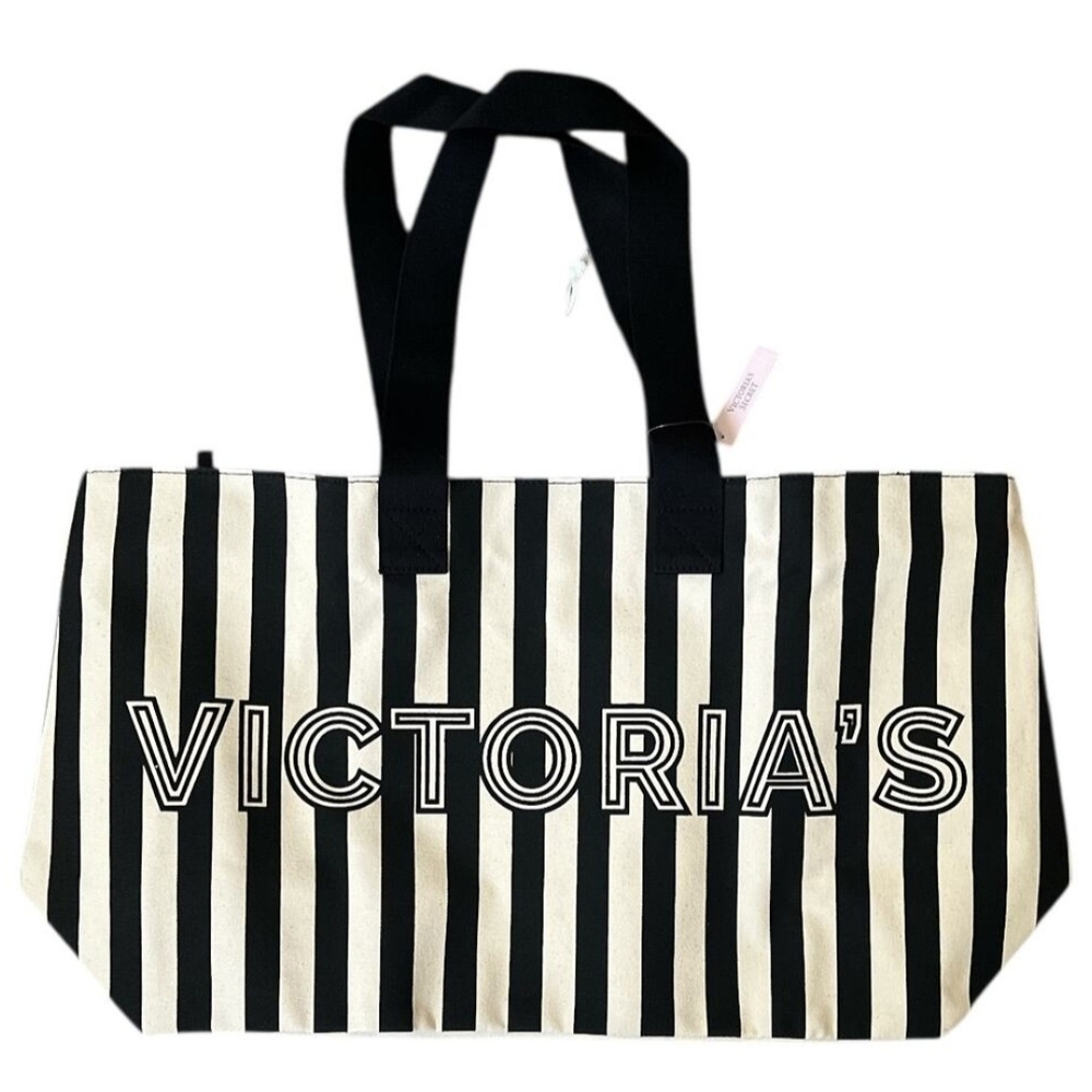 Victoria's Secret Black and White Striped Tote with Pouch - Picture 2 of 4